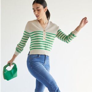 Francesca’s Karsyn Beige & Green Striped Henley Pullover Long Sleeve Size S